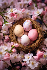 Obraz na płótnie Canvas Beautiful Easter Abstract Background with Easter Eggs in the Nest