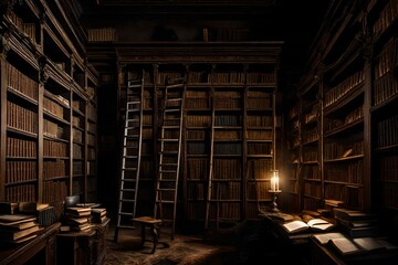A dimly lit, forgotten library filled with dusty, ancient tomes and cobweb-covered shelves, with a ladder and a ghostly figure browsing the books. - obrazy, fototapety, plakaty