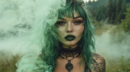 Girl with tattoo in smoke in the background, green hair, smoke and lighting