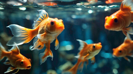 aquariums view with gold fish and stars  abstract fishes in the water background 