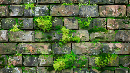 Moss-covered brick wall. Seamless repeating texture.