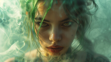 Girl with tattoo in smoke in the background, green hair, smoke and lighting