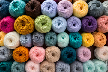 Vibrant chunky knitted yarn array for sewing piled up in a colorful array