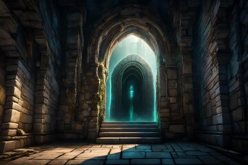 A spectral, glowing portal within a decaying, ancient castle's crumbling stone walls, revealing a phantasmal realm beyond.