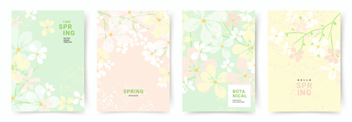Spring trendy backgrounds with blooming branches and pink flowers. Cute abstract pastel vector templates for poster, invitation, card, flyer, cover, banner, brochure, social media, sale, advertising