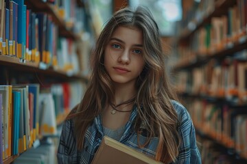 Inspired Young Female Student in Library: World of Knowledge

