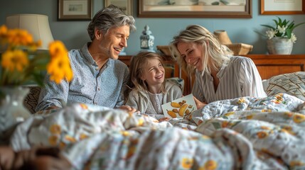 Family Surprises Mother with Breakfast in Bed

 - obrazy, fototapety, plakaty