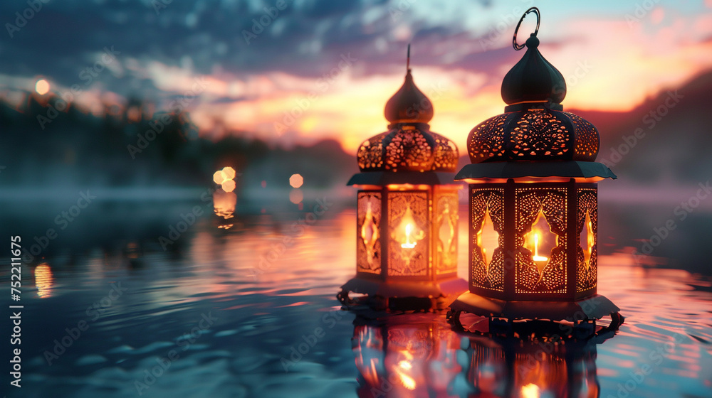 Wall mural illuminated islamic lanterns set against a backdrop of a serene lake, creating a picturesque scene f - Wall murals