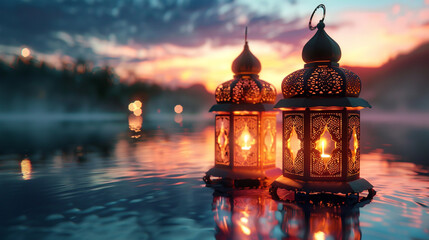 Illuminated Islamic lanterns set against a backdrop of a serene lake, creating a picturesque scene for Eid Mubarak greeting cards. 8K - obrazy, fototapety, plakaty