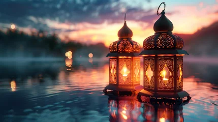 Fototapeten Illuminated Islamic lanterns set against a backdrop of a serene lake, creating a picturesque scene for Eid Mubarak greeting cards. 8K © Rafay Arts