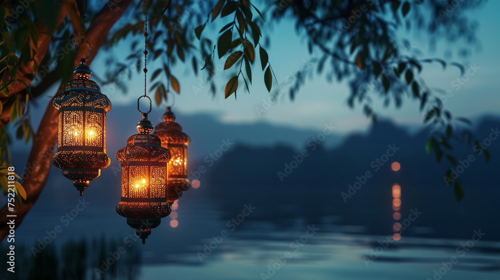 Wall mural Illuminated Islamic lanterns set against a backdrop of a serene lake, creating a picturesque scene for Eid Mubarak greeting cards. 8K - Wall murals