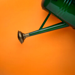 Green watering can on an orange backdrop