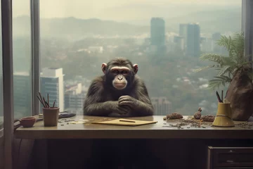 Foto op Plexiglas anti-reflex A monkey dressed like a businessman and sitting at the table © Canvas Alchemy