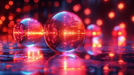 Neon-colored glowing balls in abstract space