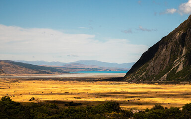 landscape in New Zealand, south island, yellow grass with a far view to a lake and mountains