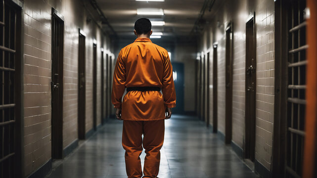 Back view prisoner in a prison corridor with orange uniform and chained