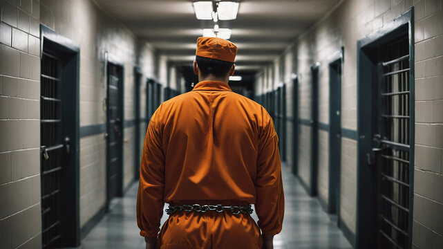 Back view prisoner in a prison corridor with orange uniform and chained