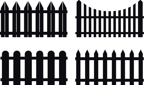 Silhouette fence set. Four isolated timber fences. Flower bed border. Simple black and white village yard fence icon set
