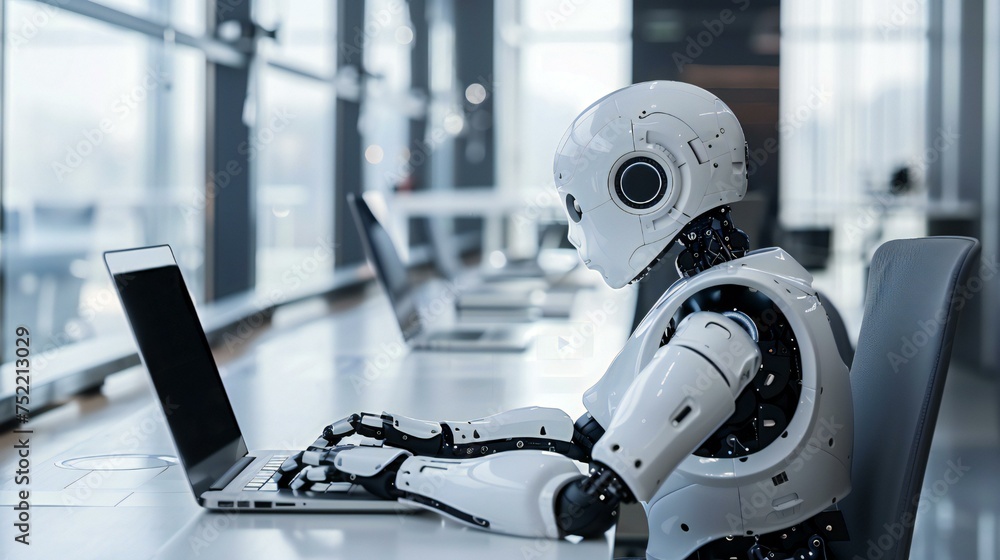 Poster a robot is sitting at a desk with a laptop in front of it. the robot is wearing a white suit and he 