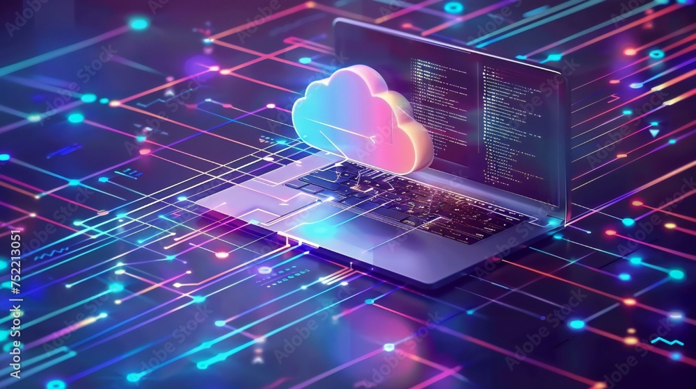 Poster a laptop with a cloud on it is displayed on a colorful background. concept of technology and innovat