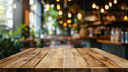 Empty wood table with blur bokeh interior coffee shop.