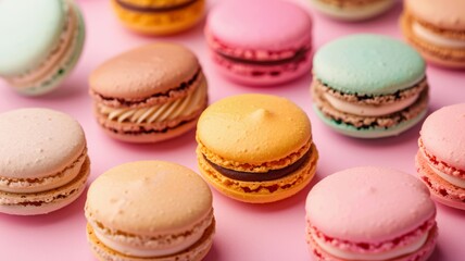 Fototapeta na wymiar Colorful French macarons in many colors and flavors. Shot against a pink backdrop in soft light.