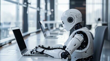 A robot is sitting at a desk with a laptop in front of it. The robot is wearing a white suit and he is typing on the laptop. The scene gives off a futuristic and technological vibe