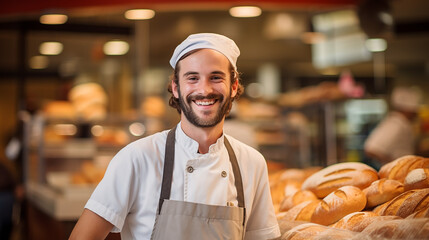 Smiling Baker in Bakery Department in Supermarket. Baker wearing white chef jacket in bakery shop - obrazy, fototapety, plakaty