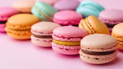 Fototapeta na wymiar Colorful French macarons in many colors and flavors. Shot against a pink backdrop in soft light.