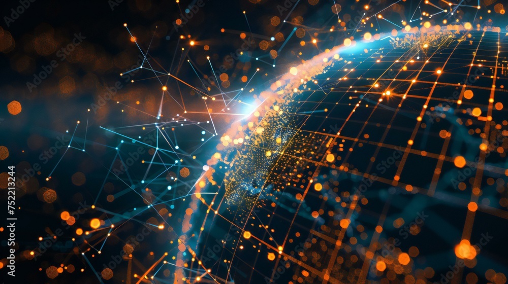Poster a glowing sphere with a network of lines surrounding it. the sphere is orange and blue, and the line
