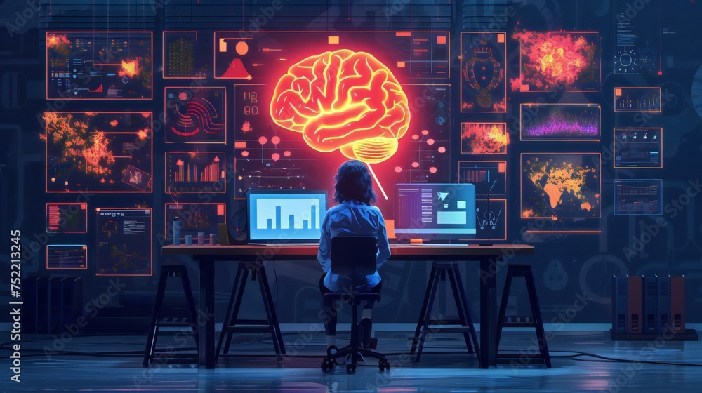 Poster a woman sits at a desk with a computer monitor in front of her. a glowing brain is displayed on the 