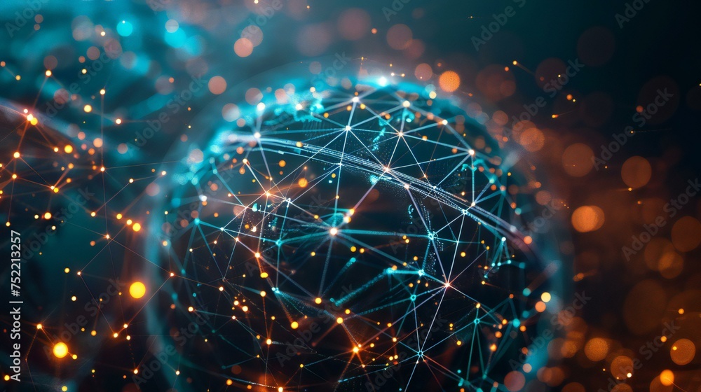 Poster a glowing sphere with a network of lines radiating from it. the sphere is surrounded by a bright ora