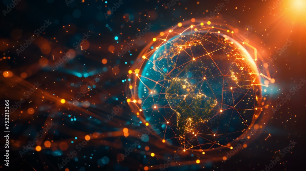 Poster a glowing sphere with a network of lines surrounding it. the sphere is surrounded by a blue and oran