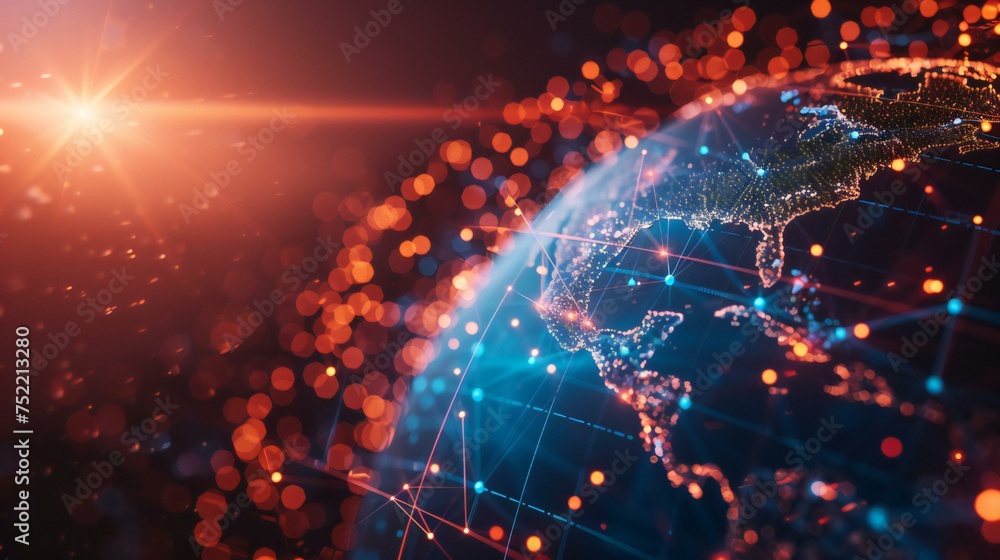 Poster a glowing globe with a network of lines connecting it. the globe is surrounded by a red and blue bac