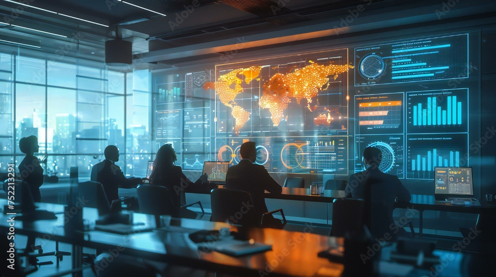 Aufkleber a group of people are sitting at a table in front of a large screen displaying a map of the world