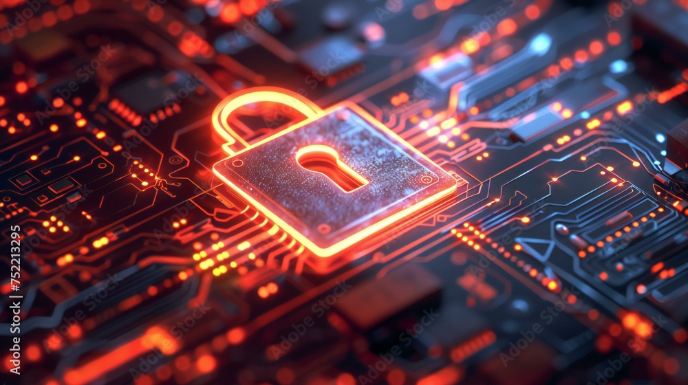Poster a computer chip with a red lock on it. the lock is glowing and the chip is surrounded by other glowi