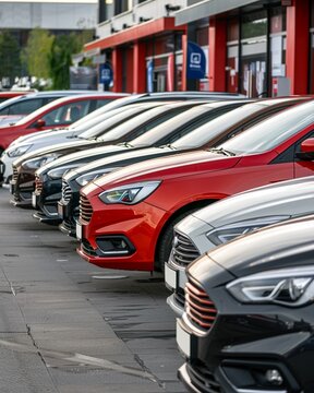 A fleet of cars parked outside a car rental office