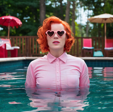 Woman with curly red hair wearing heart shaped sunglasses and a pink shirt in a pool