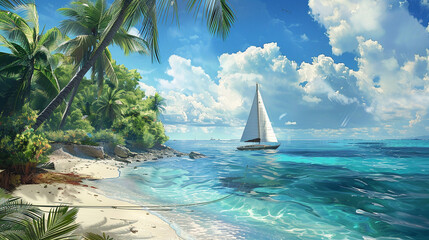 A lone sailboat anchored near a tropical beach - obrazy, fototapety, plakaty