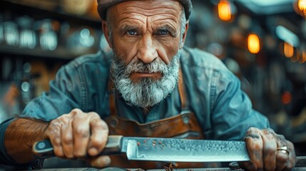 Man Cutting Meat on Grill