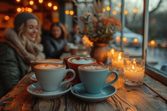 Warmly lit scene of coffee cups with latte art, friends in the background, in a cozy cafe setting