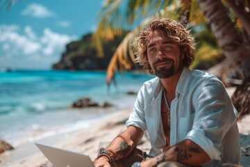 Content man working remotely on laptop, white shirt, sunny beach, birch sea, palm trees