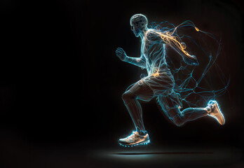 Soccer player in motion running wearing a pair of sneakers and made of blue lines and a trail of yellow sparks behind him on black background. Copy space for text or design - 752213821