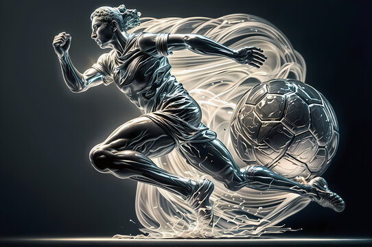 Silver soccer player statue in motion running with soccer ball in midair