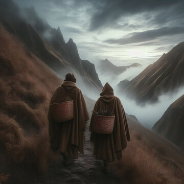 A dramatic  scene of two men walking at the mountain