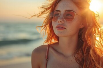 Radiant young redhead woman in sunglasses at the beach during sunset