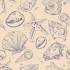 Sea shells, starfish, fashion seamless illustration. Fashionable summer stylish pattern. Print for wrapping paper. textiles, preparation for designers