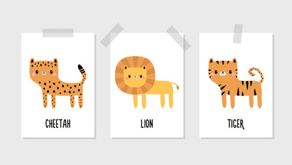 Cheetah leopard, lion, tiger set. Hand drawn posters for kids baby room. Funny face. Cute cartoon kawaii animal. Childish print for nursery, kids apparel, postcard. Flat design. White background. - 752214073
