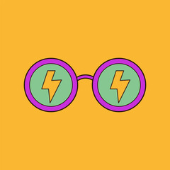 Cute sunglasses eyeglasses icon with zipper lightning. Groovy retro icon in 60s, 70s hippie style. Funny cartoon eyes. Template sticker print. Trendy psychedelic flat design. Yellow background - 752214220