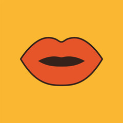 Cute red lips. Open mouth. Groovy retro icon in 60s, 70s hippie style. Funny cartoon eyes. Patches, pins, stamps, stickers template print. Trendy psychedelic flat design. Yellow background